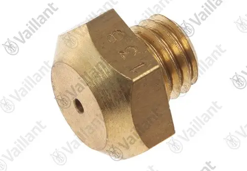 Vaillant Brennerdüse aus Messing, hexagonal, mit Schraubengewinde und einer Bohrung auf der Vorderseite.